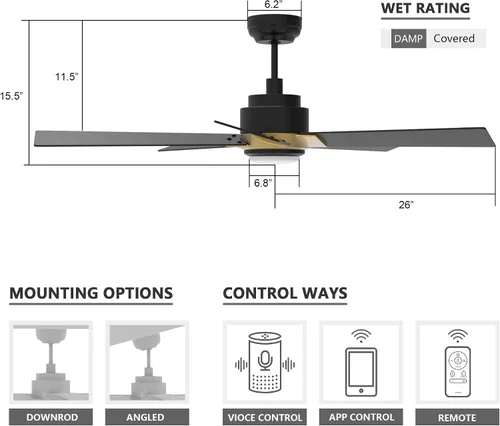 Vista 9 de SMAAIR - Ventiladores de techo inteligentes con luces y control remoto, ventilador de techo de perfil bajo de 52 pulgadas con luz LED regulable
