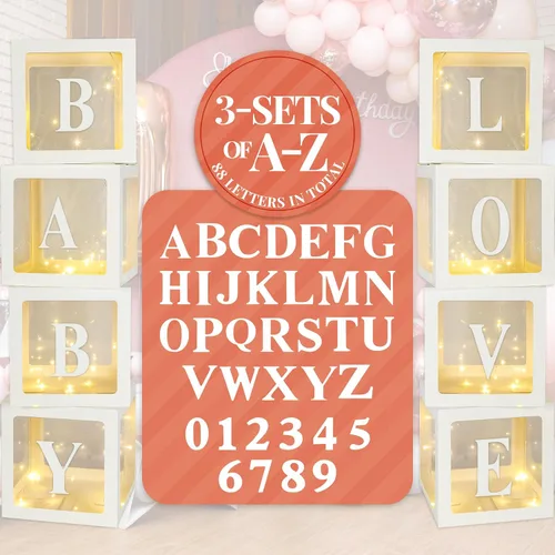 Vista 9 de Sratte Caja de globos con letras y números, cajas de bloques transparentes con luces LED para decoración de fiesta de ducha, cumpleaños, boda Blanco