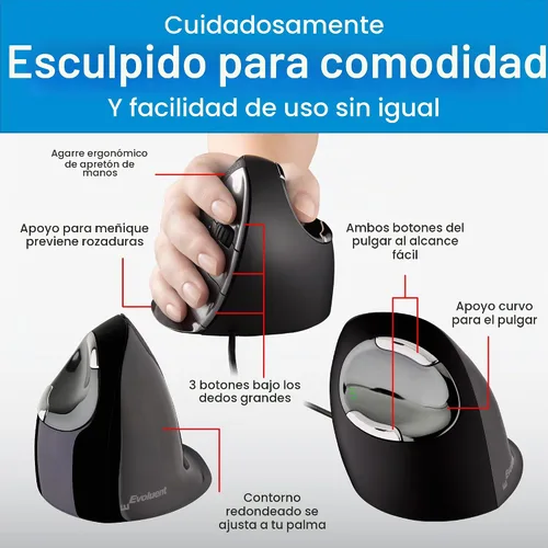 Vista 5 de Evoluent – Inventor del ratón vertical – VMDL Ratón vertical ergonómico mano derecha USB grande con cable, esculpido para mayor comodidad, reduce