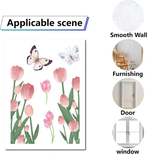Vista 4 de CRASPIRE 8 estilos de tulipanes de flores, mariposas, calcomanías de pared de PVC floral, impermeables, autoadhesivas, vinilo autoadhesivo