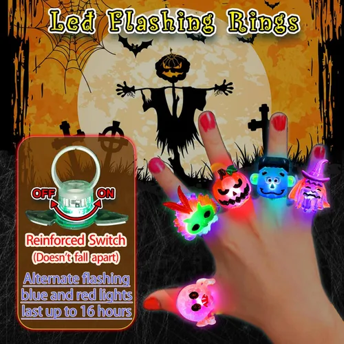 Vista 3 de 38 piezas de artículos de fiesta de Halloween para niños, anillos con luz 3D juguetes en cantidad golosinas de Halloween sin dulces, 28 anillos
