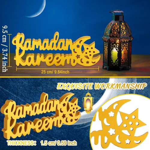Vista 2 de Queekay Ramadan Kareem Decoraciones para el hogar, Ramadán Kareem decoración de mesa 9.84 x 3.74 pulgadas, letrero Mubarak de madera, centro