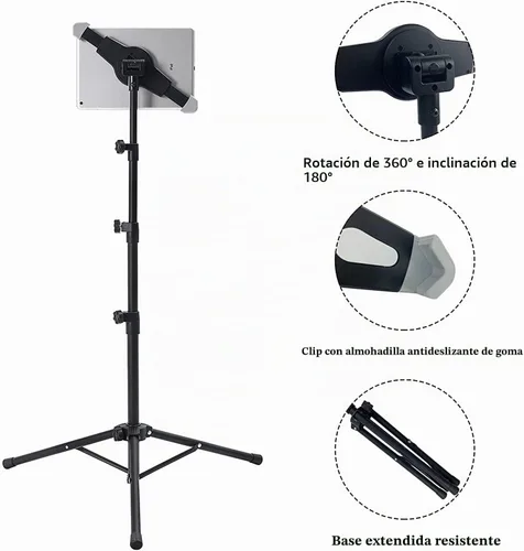 Vista 4 de Soporte de trípode para iPad, altura ajustable, soporte para iPad, soporte para tableta con rotación de 360 grados para iPad Pro12.9, iPad Air