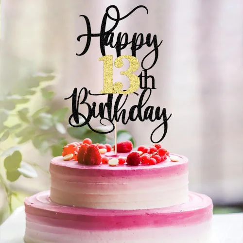 Vista 4 de Decoración para pastel de cumpleaños número 13 con destellos negros y dorados para tartas de 13 años, decoración para pastel de 13 años, decoración