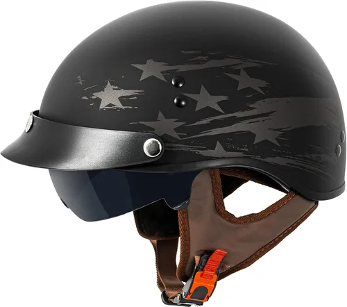 Vista 11 de VCAN Cruiser - Casco de motocicleta de media cara con visera abatible, pico extraíble y hebilla de liberación rápida
