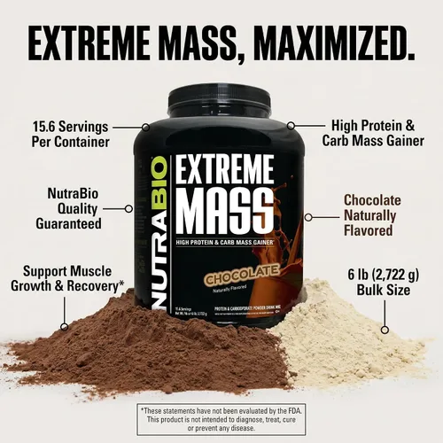 Vista 4 de NutraBio Extreme Mass Gainer Proteína en Polvo, 53G de Proteína, Ganador de Peso Limpio, Aumenta la Masa Muscular, Ácidos Aminados de Espectro