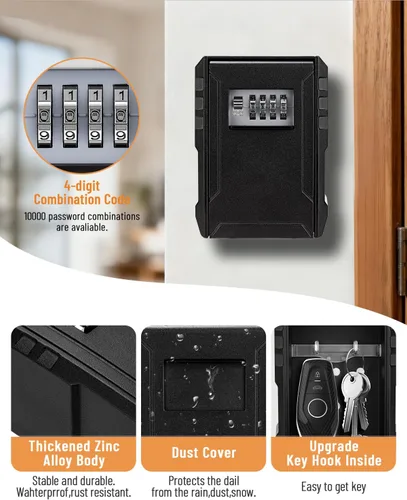 Vista 2 de BKNOOU Caja grande de bloqueo de llave para montaje en pared exterior para llaves al aire libre, impermeable, combinación de 4 dígitos, caja