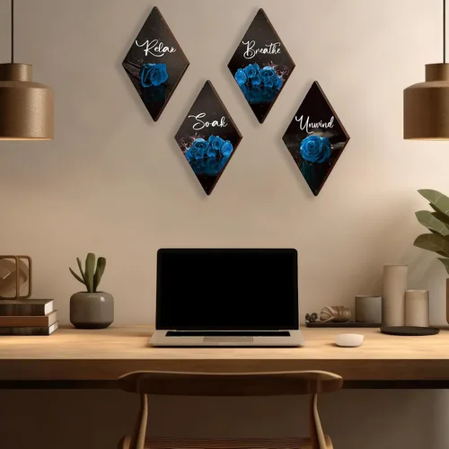 Vista 2 de ONIZHITY Juego de 4 decoraciones de pared de madera con rosas azules, decoración de pared de madera, rústico, romántico, floral, decoración de pared