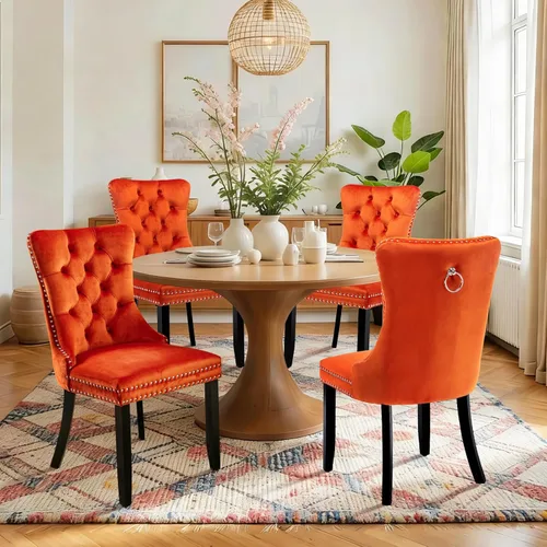 Vista 22 de Juego de 2 sillas de comedor de terciopelo con patas de madera, color beige Mid Century Modern Dining Chairs,Upholstered Chairs with Nailhead