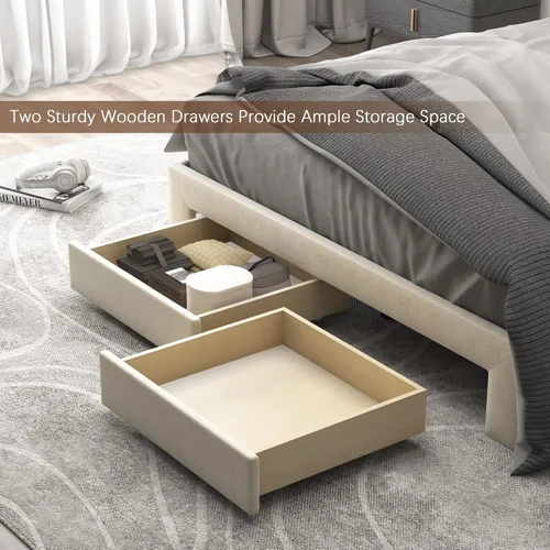 Vista 7 de NSdirect Base de cama tamaño Queen con cajón de almacenamiento, base de cama tapizada de terciopelo con 2 cajones de almacenamiento y estación
