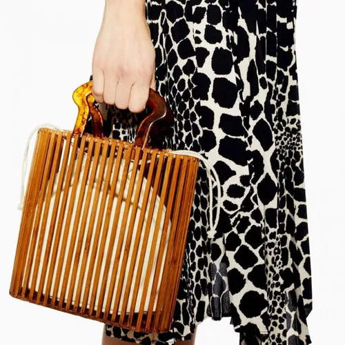 Vista 4 de Bolso de bambú de moda para mujer con asa de acrílico, bolsa de cubo de verano para playa