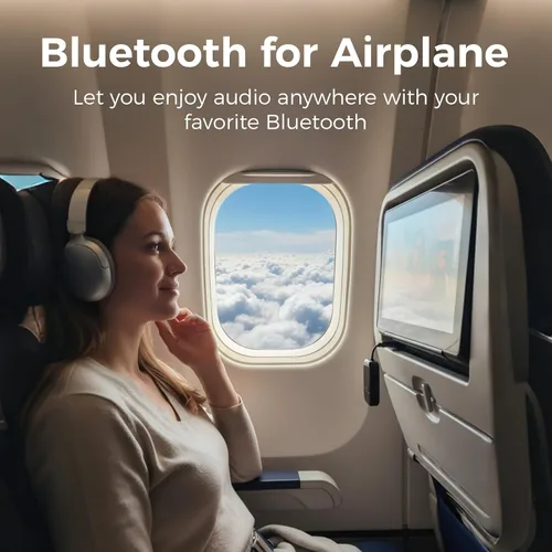 Vista 3 de Transmisor de audio Bluetooth 5.3 para avión con Qualcomm aptX adaptativo, pantalla LCD, soporte de dispositivo doble, batería de 30 horas, AUX
