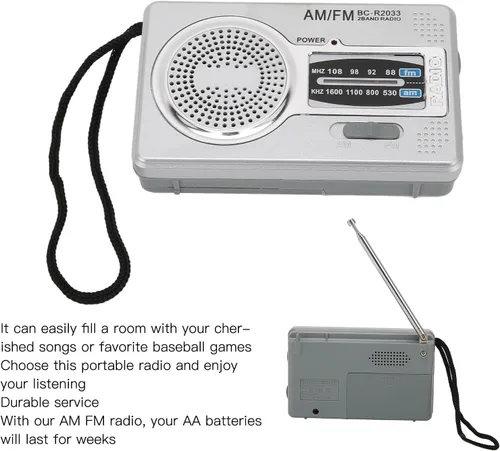 Vista 4 de Radio portátil, radio de bolsillo AM FM, funciona con pilas, altavoz premium, conector para auriculares, adecuado para regalos, ancianos, familia