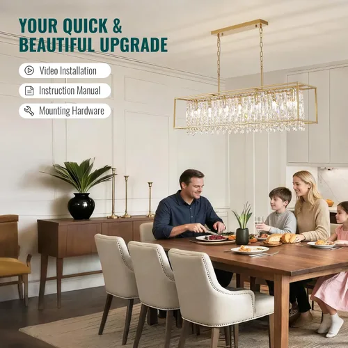 Vista 5 de Siljoy Moderno candelabro rectangular de cristal lineal dorado, L47