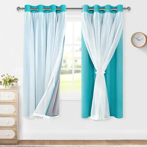 Vista 30 de XWZO Cortinas 100% opacas de doble capa para guardería, cortinas opacas con superposición transparente para dormitorio de niñas, cortinas