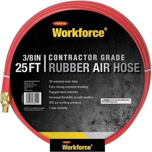 Vista 2 de Manguera de aire Workforce, 3/8 pulg. x 25 pies., accesorios de 1/4, caucho, rojo - HRE3825RD2