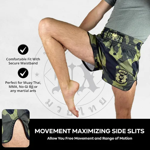 Vista 5 de Muay Thai - Pantalones cortos de boxeo tailandés verde, pantalones cortos militares de artes marciales para hombres y mujeres, artes marciales