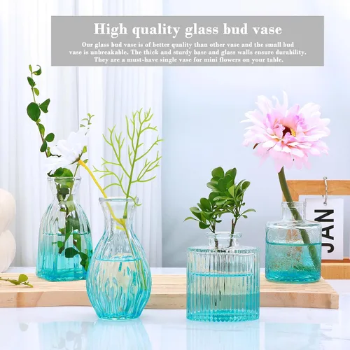Vista 4 de Juego de jarrones de cristal Mapoxy para brotes de flores, juego de 4, jarrones azules pequeños para centro de mesa de boda, decoraciones de mesa