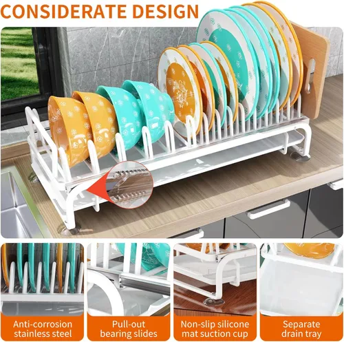 Vista 4 de Escurridor de platos con escurridor, organizador deslizante para cocina, soporte extraíble, escurridor fuerte de carga (1 capa)