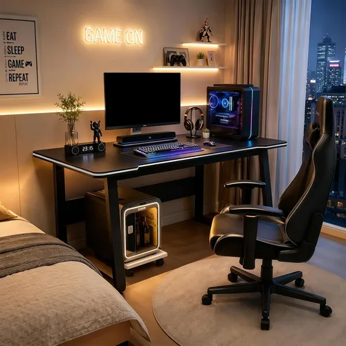 Vista 6 de Escritorio para videojuegos, mesa de escritura para computadora, estilo simple, de madera, portátil, adecuado para el hogar, la oficina