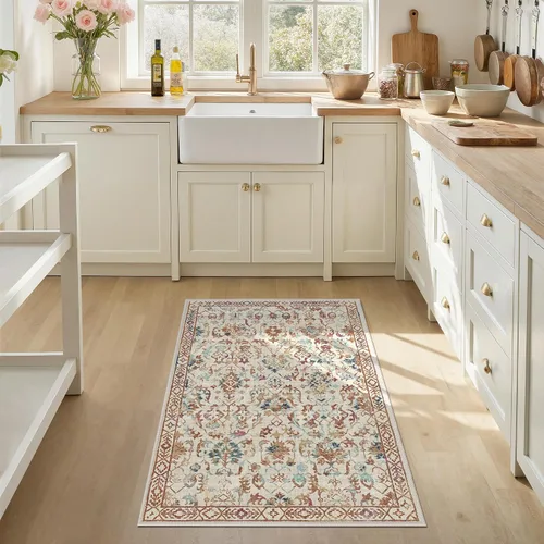 Vista 3 de Alfombra de área pequeña de 2 x 3 pulgadas, color beige, para entrada, baño, cocina, antideslizante, de pelo bajo, lavable, moderna alfombra bohemia