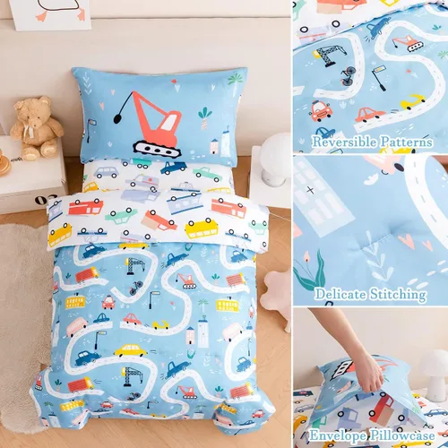 Vista 6 de PERFEMET Juego de cama de 4 piezas para niños pequeños con edredón de autos para niños, reversible, ligero, vehículos azules, juego de cama