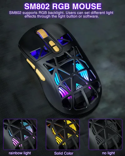 Vista 9 de SOLAKAKA SM802 - Ratón inalámbrico para juegos, 10000 DPI, triple modo con cable/BT 5.0/2.4GHz con botón lateral, mouse macro programable RGB