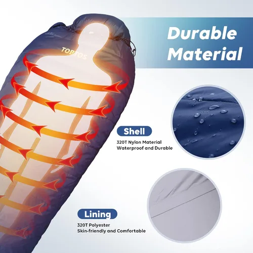 Vista 3 de TOBTOS Saco de dormir de momia, para 4 estaciones, para clima cálido y frío, saco de dormir para adultos, saco de dormir ligero con saco