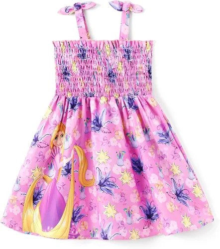 Vista 13 de Disney Vestido de princesa Frozen, Elsa, Minnie Stitch, para niña, con lazo, tirantes fruncidos, traje de verano, para fiesta de cumpleaños, 2-9 años