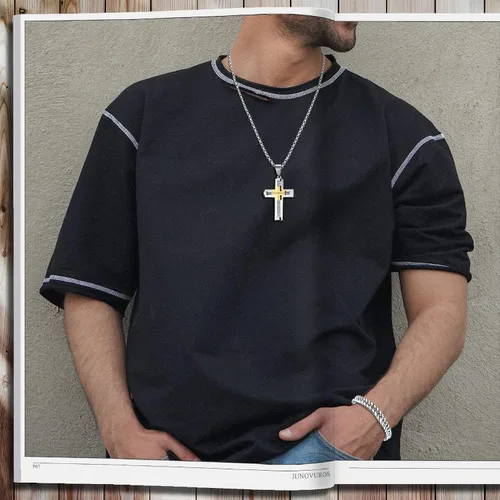 Vista 5 de JUNOVUROS Juego de collar de cruz para hombre grande y pequeño con 5 cadenas Rolo y 1 pulsera cubana, regalo de joyería religiosa con cruz