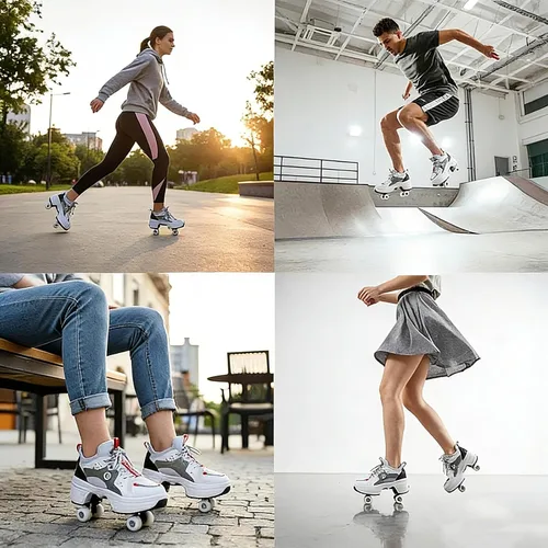 Vista 6 de 2-in-1 Roller Skates with Retractable 4 Wheels and Pop-Out Design Deformation Sneakers for Outdoor Sports Activities Unisex Adjustable Shoes