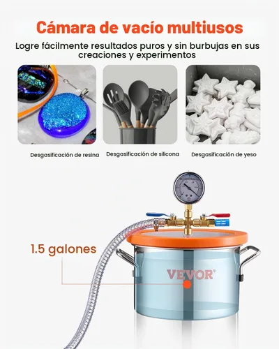 Vista 5 de VEVOR Cámara de vacío de 1.5 galones y kit de bomba de 3.5 CFM, cámara de acero inoxidable, kit de cámara de desgasificación de bomba de vacío
