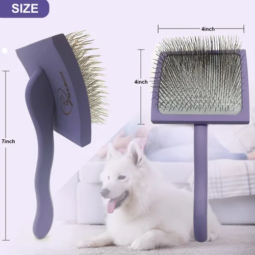 Vista 4 de Slicker - Cepillo ergonómico con mango de madera para caniches, Goldendoodles y otros perros de pelo largo (morado)