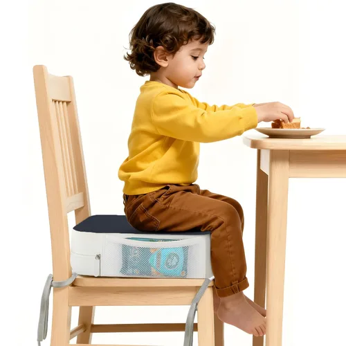 Vista 11 de Asiento elevador para silla de cocina, cojín de asiento elevado para niños Mesa de comedor de PU para niños pequeños con lazos y bolsillos