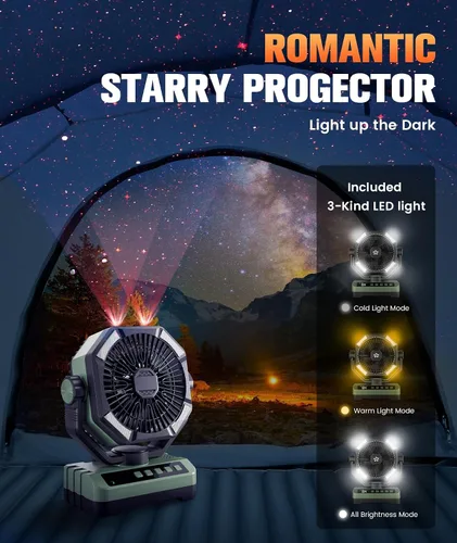 Vista 5 de Ventilador de campamento con pilas, recargable con luz de estrellas, 20000 mAh, funciona con pilas, ventiladores de escritorio de 5 velocidades
