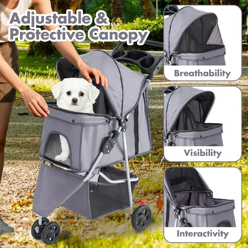 Vista 3 de DUMOS Cochecito de 3 ruedas para perros y gatos pequeños, cochecito plegable para perros con ventanas de malla, cesta de almacenamiento y soporte