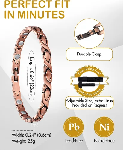 Vista 8 de Feraco Pulsera de cobre para hombres y mujeres, 3 veces más fuerza, 2 pulseras de terapia magnética de cobre con potentes imanes de 3800 Gauss
