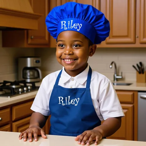 Vista 5 de Delantal bordado personalizado y sombrero de chef para niños y niñas, regalo divertido en la cocina (añade un juego de nombre, largo con sombrero)