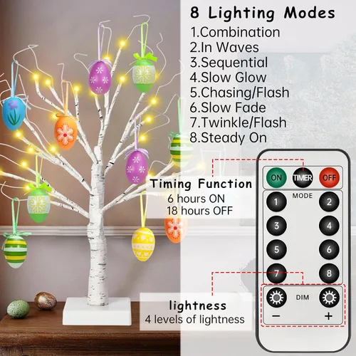 Vista 11 de Árbol de abedul iluminado de Pascua de 24 pulgadas con 12 adornos, LED blanco cálido, árbol artificial de mesa, 8 modos de iluminación USB