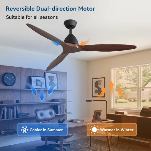 Vista 3 de Ventilador de techo rústico de 56 pulgadas sin luz con control remoto, ventilador rústico de 3 aspas ABS de grano de madera, motor CC reversible