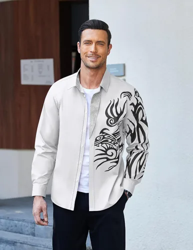 Vista 3 de COOFANDY Camisa de vestir con botones y estampado para hombre, camisas casuales de manga larga