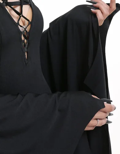 Vista 7 de MEOWCOS - Vestido largo gótico, estilo vintage, cuello en V profundo, abertura lateral, manga larga