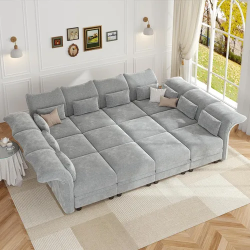 Vista 19 de LLappuil Sofá seccional beige con almacenamiento, sofás modulares de pana para sala de estar con apoyabrazos ajustables, cojines de felpa gruesos, 6