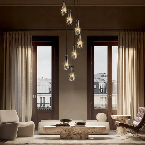 Vista 14 de Juego de 2 luces colgantes de gota de lluvia, lámparas colgantes para isla de cocina, lámpara de cristal sólido transparente con forma de gota