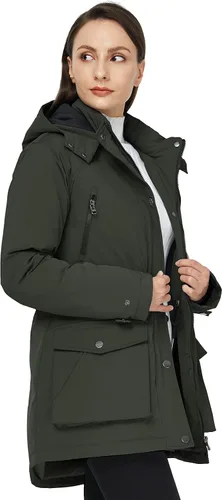 Vista 4 de Wenven Abrigos de invierno impermeables para mujer, chaquetas acolchadas gruesas y cálidas con capucha desmontable Verde militar