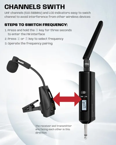Vista 5 de Micrófono de saxofón, sistema de micrófono inalámbrico recargable UHF con transmisor y receptor de rango de 196 pies, micrófono de condensador