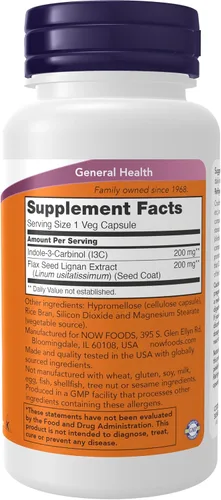 Vista 2 de NOW Foods Suplementos, Indole-3-Carbinol 200 mg con extracto de linaza de lignano, 60 cápsulas vegetales