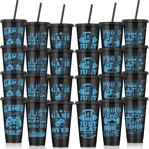 Vista 18 de Kochorie 18 tazas de fiesta de fútbol de 24 onzas con tapas y pajitas, vaso de plástico reutilizable, tazas de viaje para niños, entrenadores