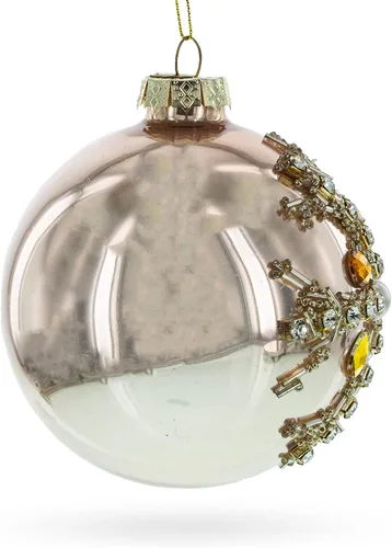 Vista 2 de Exquisito adorno navideño de huevo de vidrio soplado con biselado amarillo y oro rosa