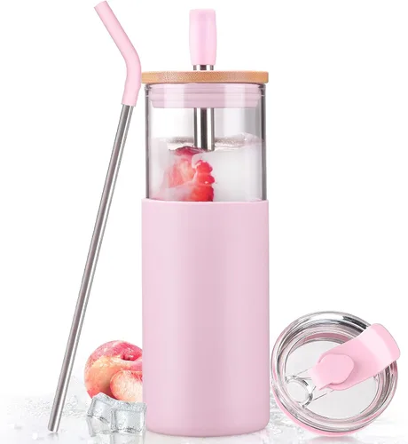 Vista 20 de Kodrine Vaso para agua de vidrio de 20 onzas con popote y tapa, botella de agua con tapas de bambú, taza para café helado, reutilizable, boca ancha